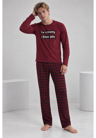 Pijamask Erkek Bordo Baskılı Uzun Kollu Kırmızı Siyah Ekose Pantolonlu Pijama Takımı Bordo Pijamask Erkek Bordo Baskılı Uzun Kollu Kırmızı Siyah Ekose Pantolonlu Pijama Takımı Bordo