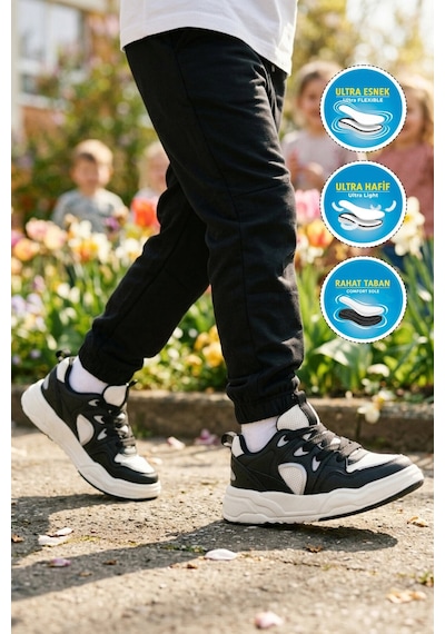 Cool Siyah Beyaz Fileli Hafif Esnek Unisex Çocuk Spor Ayakkabı Jacop F Siyah-beyaz
