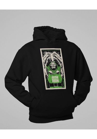 Sevbano Marvel Karakter Baskılı Unisex Oversize Doctor Doom Hoodie Siyah