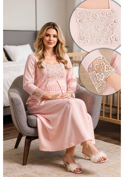 Lady Pembe Renk Dantel Detaylı 33501 Sabahlıklı 2li Hamile Gecelik Takım Set Açık Pembe