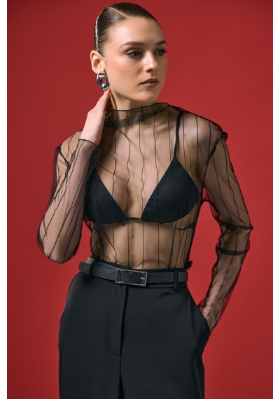 Ckm Moda Vaze Çizgili Transparan Bluz Siyah