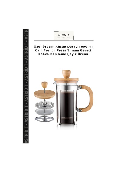Özel Üretim Ahşap Detaylı 600 Ml Cam French Press Sunum Gereci Kahve Demleme Çeyiz Ürünü Ahşap - Şeffaf