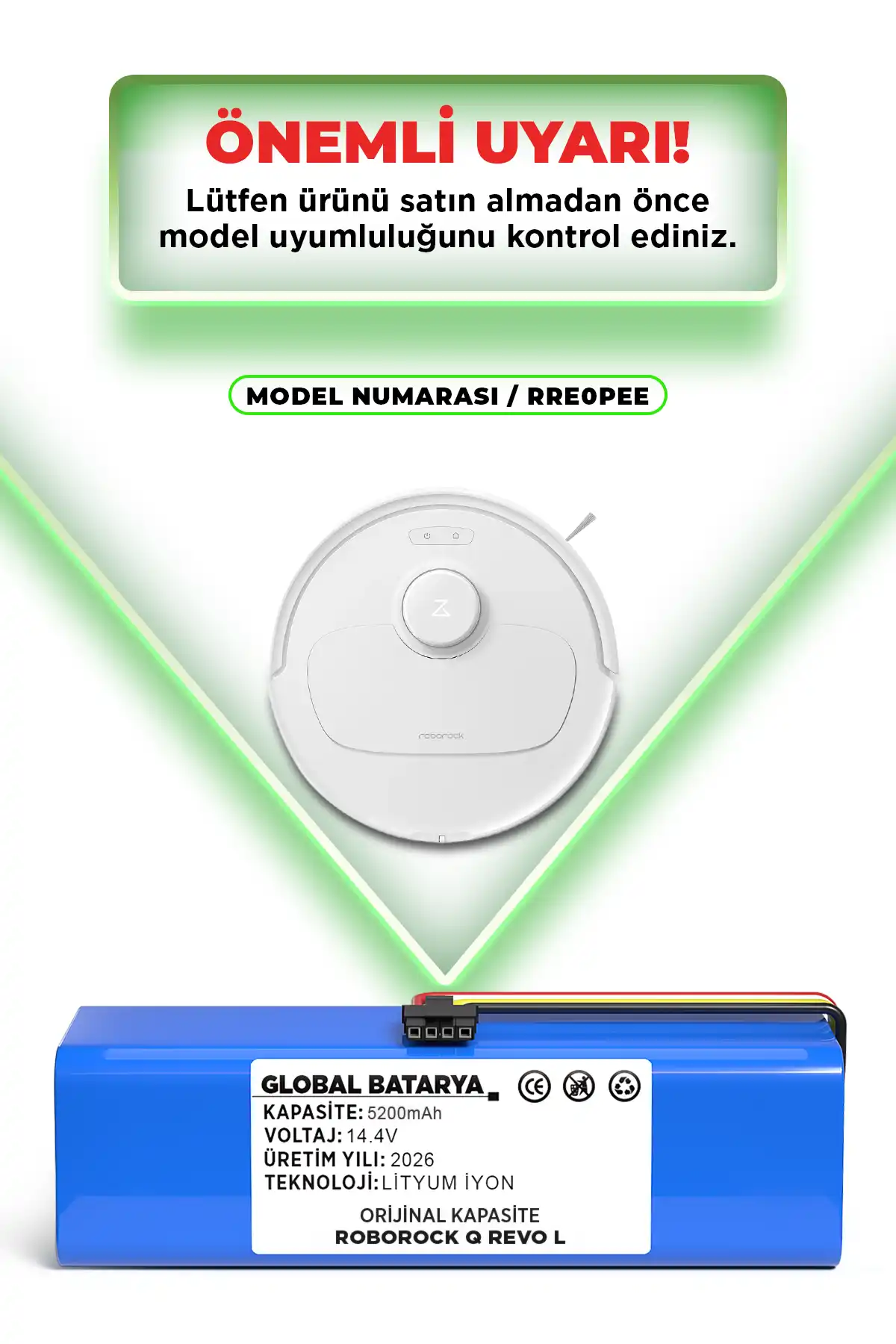 Roborock Q Revo Uyumlu Robot Süpürge Bataryası 14.4v 5200mah Li-ion Pil  Kapasite