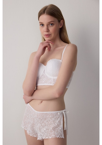 Penti Kırık Beyaz Çiçekli Dantelli Push Up Gelin Crop Büstiyer