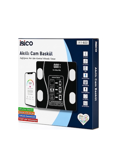 İbico İ11-023 Dijital Banyo Baskül Terazi Tartı 180kg/50g Kas Oran Bluetooth Vücut Analizli Su Cam Diğer