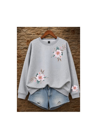 Esade Kadın Pembe Zampak Çiçek Kol Baskılı Rahat Kalıp Bisiklet Yaka Gri Sweatshirt Gri
