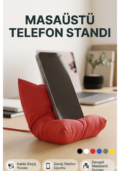 Masaüstü Telefon Standı Yastık Tasarımlı Şarj Girişli Telefon Tutucu Kırmızı