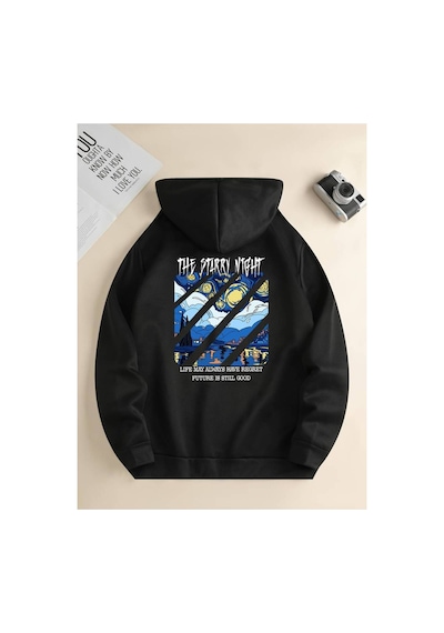 Medinenur Night Baskılı Kapüşonlu Sweatshirt Siyah
