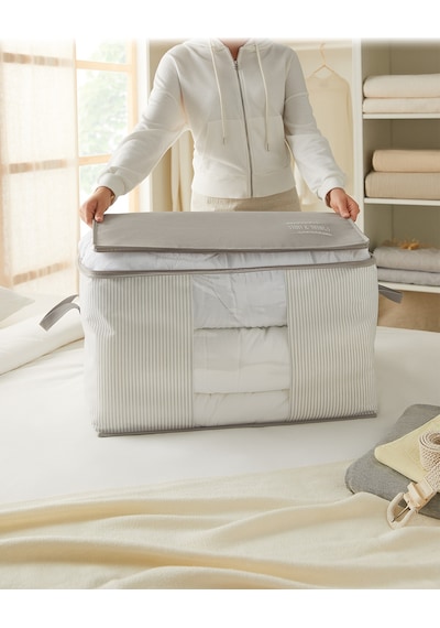 Ocean Home Textile Büyük Boy Pvc Pencereli Gri Çizgili Stuff & Things Hurç 60 x 43 x 35 cm