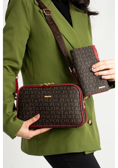 Just Polo Kadın Orta Boy Baskılı Şık Omuz Çantası Ve Cüzdanı Kombin Shopper K232053mh Kahverengi - Kırmızı