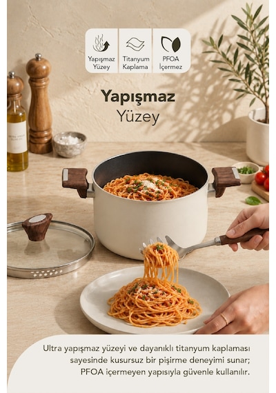 Titanyum Makarna Tenceresi 22 Cm Krem Krem