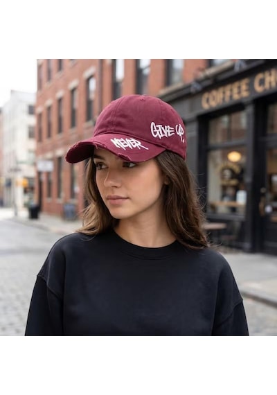 Valkyrie Unisex Bordo Never Give Up Nakışlı Baseball Şapka Ayarlanabilir Vintage Streetwear Spor Kep