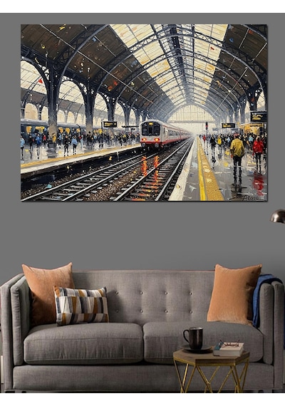 Gar İçinde Bekleyen Modern Tren Dekoratif Kanvas - Mdf Ahşap Tablo