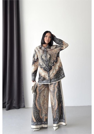 Neşeli Butik Kadın Siyah İthal Kumaş Desenli Gömlek Pantolon İkili Tasarım Takım Nbms26107
