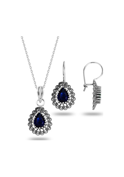 Gümüş Safir Taşlı Oksitli Telkari İşlemeli Damla Kolye Ve Küpe İkili Set Barcode Beyaz