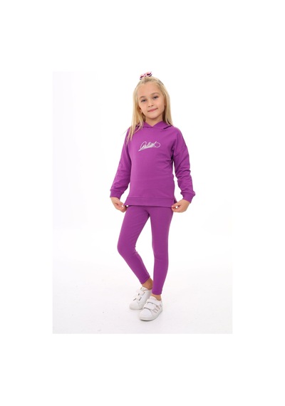 Toontoy Kids Toontoy Kız Çocuk 2'li Takım Baskılı Bisiklet Yaka Düşük Omuz Cepli Sweatshirt & Basic Düz Tayt Mor