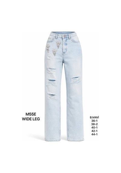 Miss Poem Kadın Buz Mavi Yırtık Taş Detaylı Wide Leg Jean Pantolon