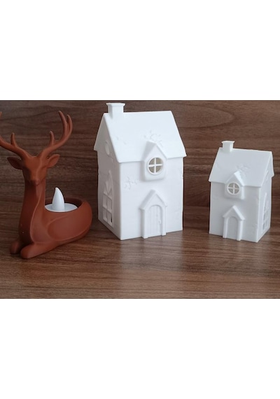 Kış Evleri Geyik Mumluk Noel Yılbaşı Süsü Dekoratif Biblo Tealight Mumluk Seti Mumlar Dahildir