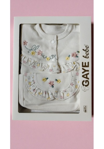 Milays 0-3 Ay Gaye Kız Bebek Renkli Çiçek Nakışlı %100 Pamuk 5li Set ekru