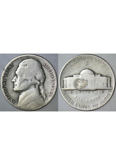Amerika 5 Cent 1944 S Gümüş. Jefferson Nıckel. İkinci Dünya Savaşı Dönemi.