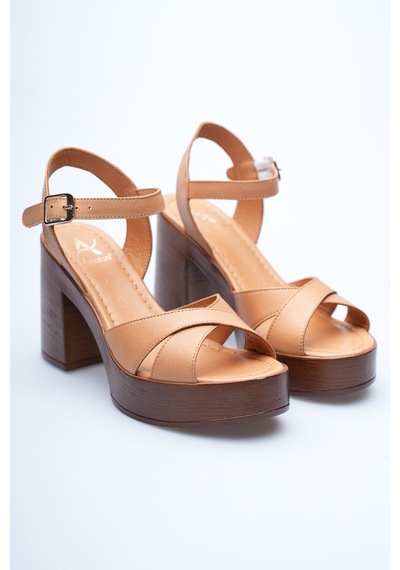 Analin Shoes Kadın Hakiki Deri Platform Topuklu Sandalet Taba