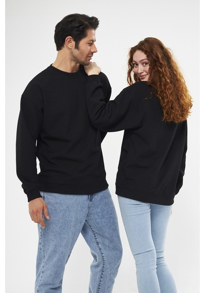 Unisex Siyah Waffle Kumaş Rahat Oversize Basic Sweatshirt Siyah
