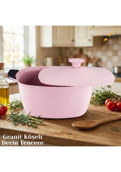 28 Cm Granit Köşeli Derin Tencere Alüminyum Kapak - Pembe Pembe