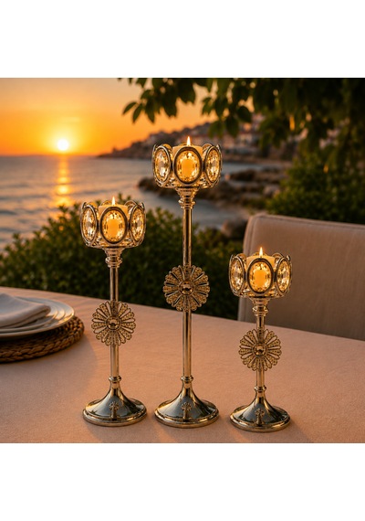 Lüks Gümüş Kristal Taşlı 3'lü Şamdan Mumluk Seti