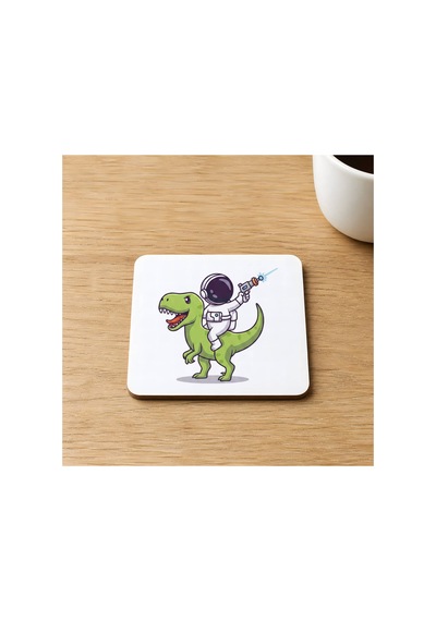 Dinazorlu Astronot Baskılı 9x9 Cm Kare Mdf Bardak Altlığı Ahşap Çok Renkli
