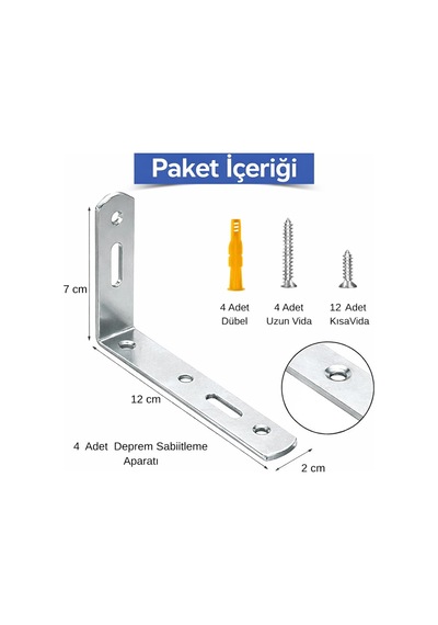 Deprem Sabitleme Aparatı, Metal Mobilya Duvar Sabitleyici, Dolap Devrilme Önleyici, 20x70x120 Mm, 4 Adet, Vida Ve Dübel Dahil Gümüş / Krom