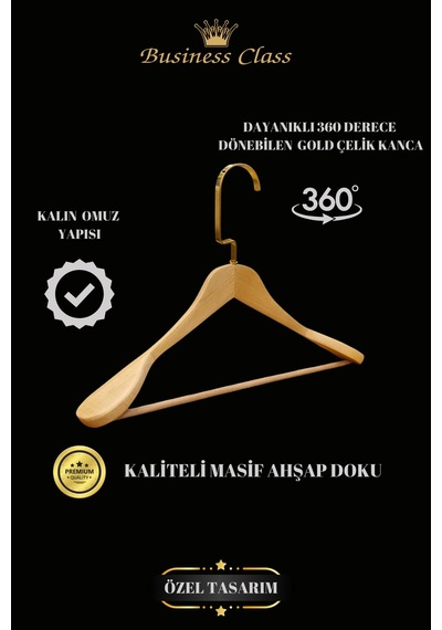 Elbise Askısı Business Class 44 Cm Gold İtalyan Kanca Masif Ahşap Palto Ceket Askısı 15 Adet Diğer