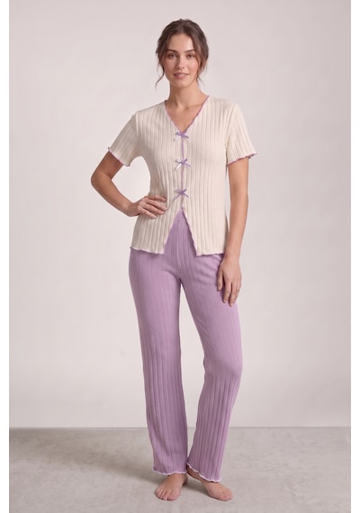 Bella Notte Lila Mevsimlik V Yaka Pamuklu Fiyonk Detaylı Pijama Takımı Mor