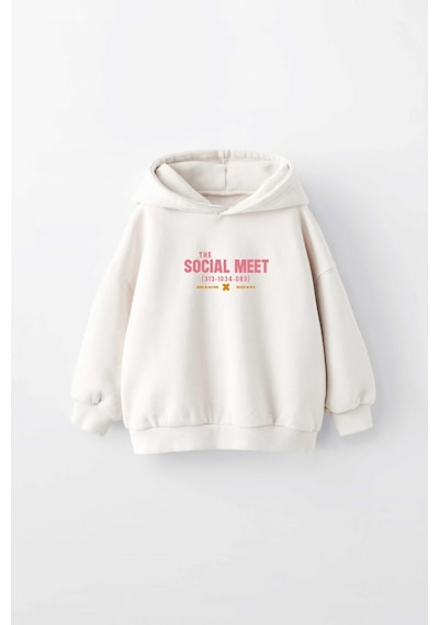 Kız Çocuk Socıal Meet Baskılı Kapüşonlu Manşetli Sweatshirt Krem