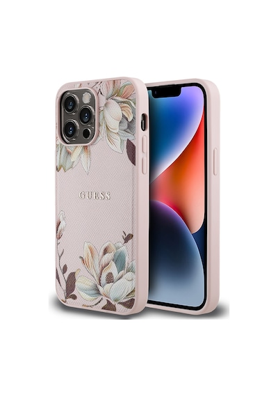 Apple Uyumlu iPhone 14 Pro Max Kılıf Guess Lisanslı M-safe Özellikli Taneli Çiçek Tasarımlı Metal Logolu Pembe