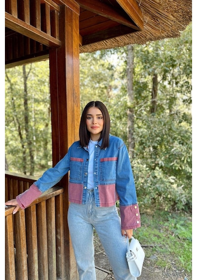 Kadın Mavi & Kırmızı Denim Kontrast Çift Renk Detay, Ön Düğmeli Manşetli, Kot Ceket Mavi