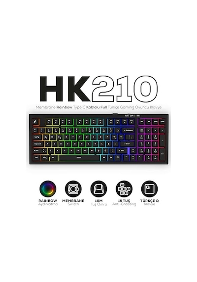 Hawk Gaming Hk210 Membrane Rainbow Type C Kablolu Full Türkçe Gaming Klavye Siyah
