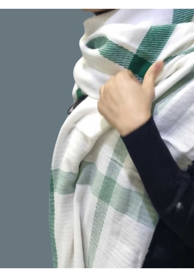 Tezzgelsin Kadın Yumuşak Yün Dokulu Desenli Omuz Şalı Atkı Bej Yeşil