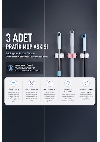 Yapışkanlı Mop Askısı Süpürge Paspas Tutucu Duvar Organizer Düzenleyici Banyo 6 cm