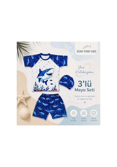 Rony Pony Kids Erkek Çocuk Mavi Köpekbalığı Baskılı 3 Lü Mayo Seti Kısa Kollu Üst Şort Bone Beyaz Mavi