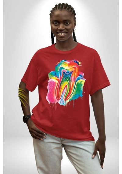 Diş Doktoru Diş Anatomisi Özel Tasarım Pamuklu Bisiklet Yaka Unisex Oversize Boyfriend Dijital Baskılı Kırmızı T-shirt Kırmızı