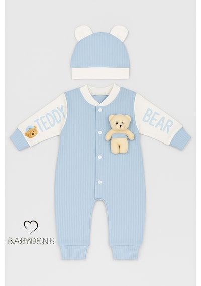 Babyden's Teddy Bear Temalı Yenidoğan Fitilli Tulum Takımı Ayıcıklı Erkek Bebek Tulum Şapka Set %100pamuk Mavi