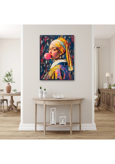 Balon Sakızlı İnci Küpeli Kız - Metal Tablo - Dec0391 38 X 50 Cm Çok Renkli