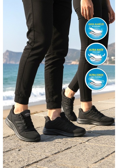 Walkway Siyah Fileli Hafif Bağcıklı Unisex Spor Ayakkabı 2029 G
