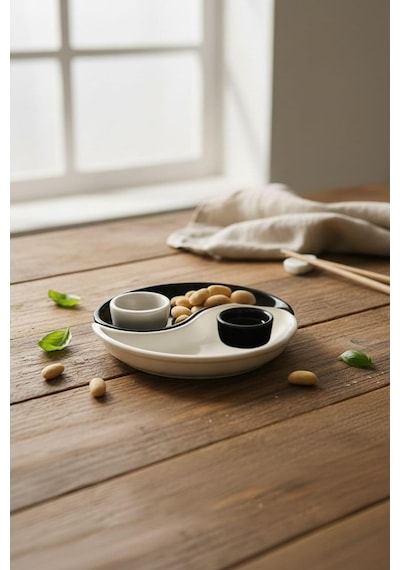 Arvale Yin & Yang 2'li Özel Tasarım Sosluklu Kahvaltılık Tabağı Sosluk Çerezlik Kase Dekoratif Tabak 20 Cm Diğer