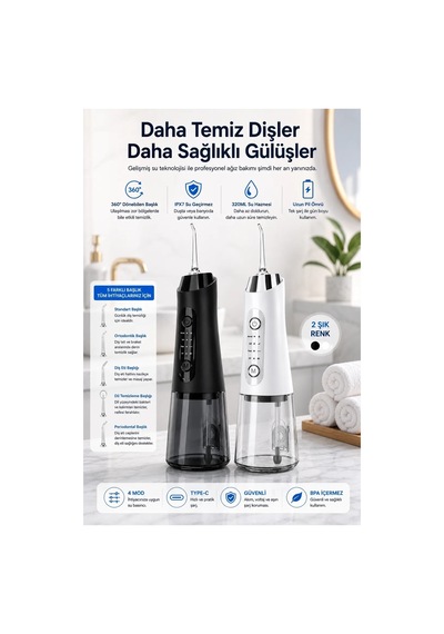 Robeve Auhma Amf11 Şarjlı Ağız Duşu 320ml Su Hazneli 4 Modlu Ipx7 Su Geçirmez Type-c Hızlı Şarjlı 5 Başlıklı Profesyonel Ağız Ve Diş Temizleme Cihazı Siyah