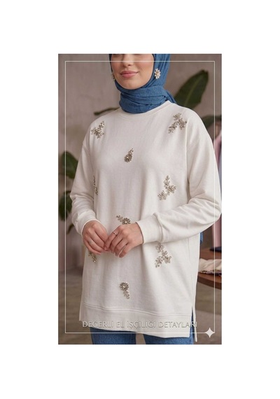 Butik Kadın Boncuk Taş İşlemeli Sweatshirt Beyaz Beyaz