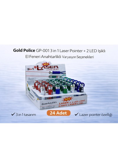 Gold Gp-001 3 İn 1 Lazer + 2 Led Işıklı El Feneri Anahtarlıklı 24 Adet