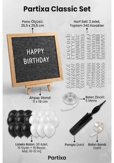 Siyah Beyaz Şık Doğum Günü Süsleme Classic Set Koyu Gri Keçe Yazı Panosu Standlı Pompa Balon Zincirli Çocuk