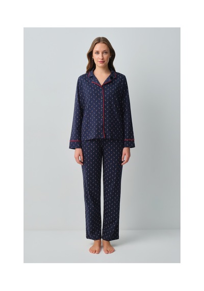 Suwen Candy Pamuklu Gömlek Yaka Pijama Takımı Wsh10510139628 Lacivert