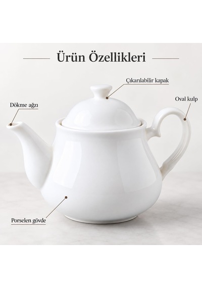 Lexroo Porselen Demlik 650 Ml, Beyaz Kapaklı Çay Demliği, Oval Kulplu Ve Uzun Dökme Ağızlı